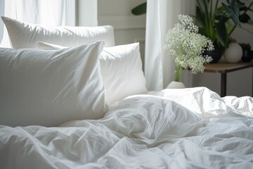 Bedroom interior design details. Comfortable bed with soft white pillows and bedding in bed, Generative AI 