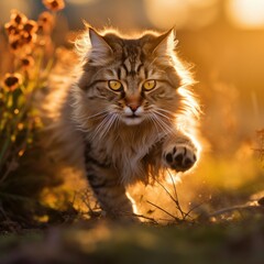 Naklejka na ściany i meble A cat walks in nature on a summer evening. The brazen muzzle of a cat walking on a background of flowers and grass in the rays of the evening sun.