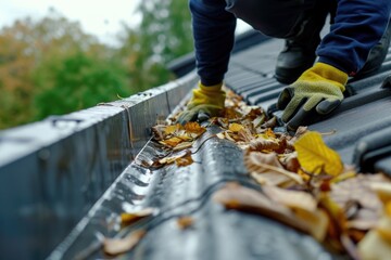 Man in uniform performing seasonal maintenance, diligently cleaning a gutter of leaf build-up. Generated AI