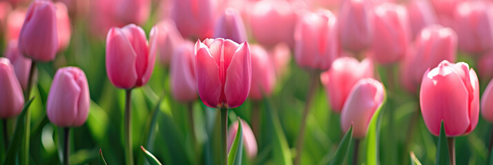 Spring banner design featuring a vibrant field of pink tulips, symbolizing fresh beginnings. Generated AI