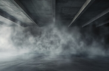 Under the Bridge: Dense Fog Rolling on Concrete Ground