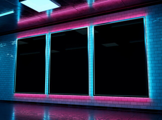 Three futuristic vertical billboard Mockup. Cyberpunk style frames interior template. 3D rendering