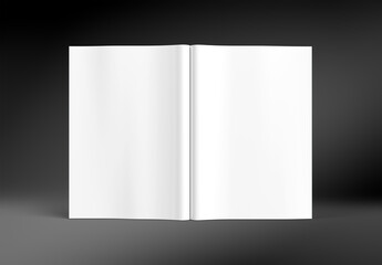 Open magazine mockup isolated on black background. Brochure template on blank. 3D rendering