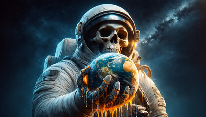 Astronaut skull in space holding the world between its hands, background wallpaper