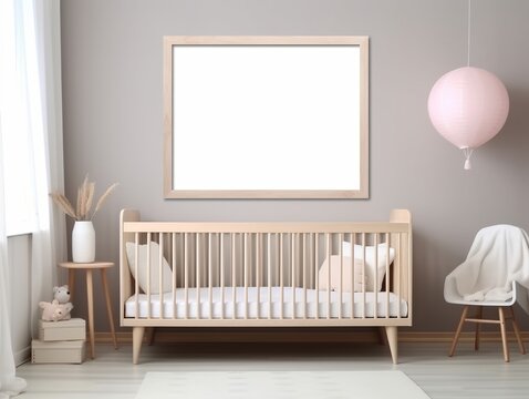 Mock-up of a frame in the background of a unisex children's room interior, using a 3D render. Made with Generative AI technology