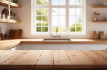 Empty wooden table top counter near a big window. Wood tabletop over defocused kitchen background. Trendy stylish desk space for product presentation, blur light modern cooking interior. Ai Generated