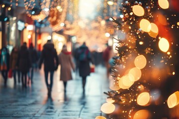 City street decorated for Christmas time. People walking in street, buying presents, preparing for holidays. Abstract blurred defocused image background. Christmas, Xmas shopping, Generative AI