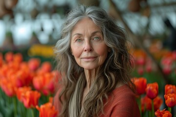 pretty old woman, with long open gray hair, in front of red tulips
