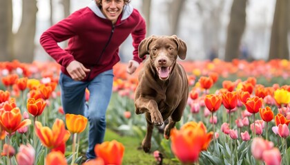 Man in red sweater and blue jeans, running with a big brown dog, through a blooming tulip field, in spring