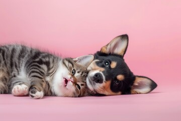Fototapeta na wymiar a cat and a dog playing on pink background