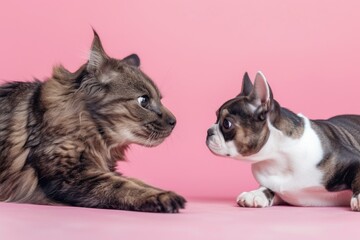 a cat and a dog playing on pink background