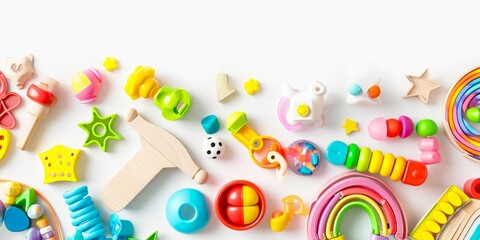 Baby kids toy banner background. Colorful educational toys on white background. Top view, flat lay, copy space for text, Generative AI 
