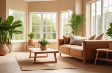 Interior of living room with green houseplants. Sofas, wooden coffee table, furniture. Scandinavian nordic minimalist style. Neutral Gray walls, big panoramic windows. Cozy apartment. Boho home decor