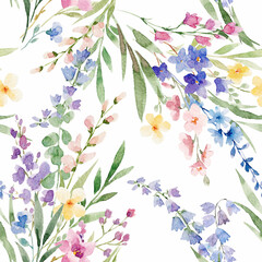 Beautiful floral seamless pattern with watercolor hand drawn flowers. Stock background design print.