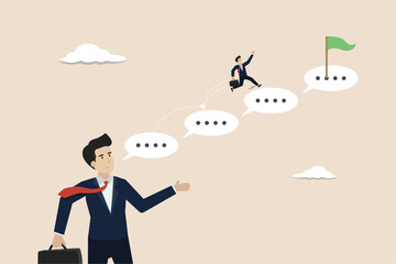 Advice or effective feedback to motivate to success, comment, communication to support employee concept, businessman jump on speech bubble advice to success.