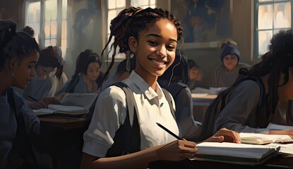 A contemporary classroom setting featuring a black teen girl immersed in learning. - obrazy, fototapety, plakaty