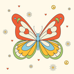 Beautiful groovy butterfly vector hand drawn illustration. Stock pop clip art in Hippie 60s 70s style. Peace. Pacific. - 725343777