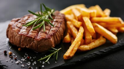 tasty grilled organic beef steak with french fries