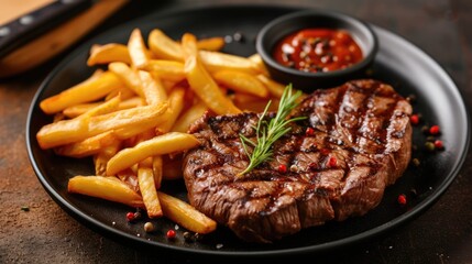 tasty grilled organic beef steak with french fries - obrazy, fototapety, plakaty