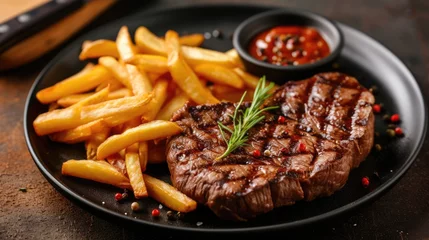Foto auf Alu-Dibond tasty grilled organic beef steak with french fries © David Kreuzberg