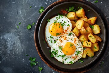 fried eggs with potatoes, top view