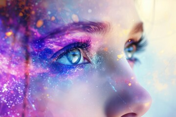 beautiful fantasy abstract portrait of a woman face with colorful paint space nebula, closeup of eyes
