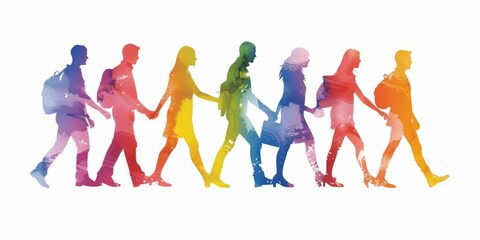 people of all rainbow colors walking together, business mindset, isolated on white