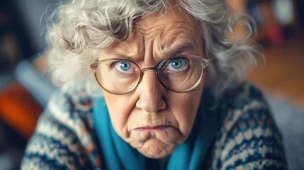 Fotobehang portrait of a angry grandma, elderly woman person face © David Kreuzberg