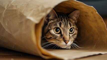 A playful cat with striking eyes peeking out from inside a roll of brown paper