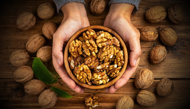 Close-up of two cupped hands holding a wooden bowl full of shelled walnuts. Generative Ai.