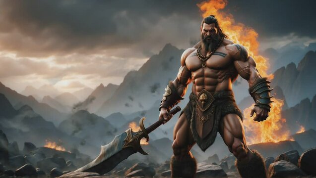 a muscular barbarian with a flaming sword against a volcanic backdrop
