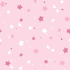 Fun doodle stars in the sky seamless vector pattern. Cute hand drawn starry background for kids room decor, nursery art, print, fabric, wallpaper, wrapping paper, textile, packaging, card, apparel.