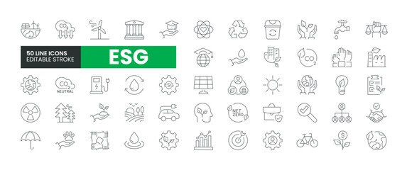 Set of 50 ESG Environmental, Social, and Governance line icons set. ESG outline icons with editable stroke collection. Includes Sustainability, Solar Panel, Recycling, Green City, Net Zero, and More.