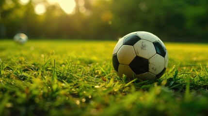Fototapeta premium Soccer ball on field. Generative AI