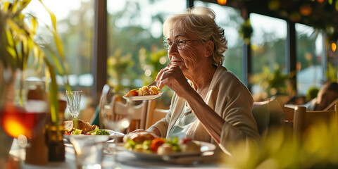 A stylish woman enjoys a serene outdoor meal at a beautifully set table adorned with vibrant flowers