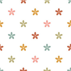 Scandi floral design. Cute retro flowers seamless vector pattern. Vintage hand drawn background for kids room decor, nursery art, gift, fabric, textile, wrapping paper, wallpaper, packaging, apparel.