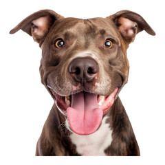 Studio portrait of smiling pit bull with it's tongue out