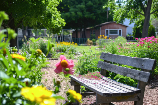 Beautiful summer garden with bench and flowers in the foreground, shallow depth of field