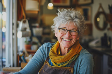 Portrait of smiling senior woman in apron at counter in coffee shop