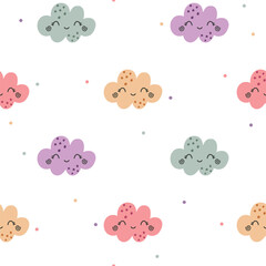 Colorful smiling clouds with polka dots cute seamless pattern. Vector hand drawn Easter illustration. Fun spring background for wrapping paper, packaging, gift, fabric, wallpaper, textile, apparel.