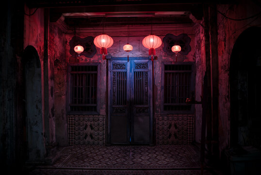 Traditional heritage building with red Chinese lanterns for new year, Georgetown, Penang, Malaysia