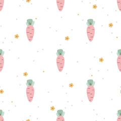 Cute seamless pattern with carrots, flowers and polka dots. Vector hand drawn Easter illustration. Fun spring background for wrapping paper, packaging, gift, fabric, wallpaper, textile, apparel.