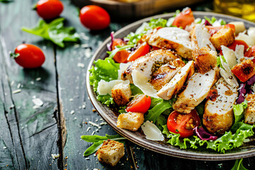 Photo caesar salad with chicken fillet tomatoes - obrazy, fototapety, plakaty