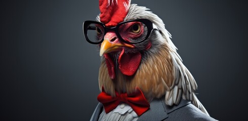 The charm of a rooster adorned with sunglasses, looking directly at the camera.