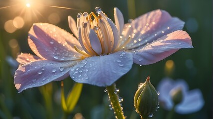 Dewdrops glistening on the petals of a delicate flower in the morning light