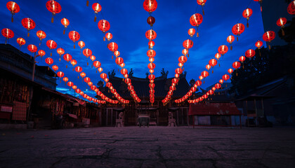 The Chinese Goddess of Mercy temple illuminated by lanterns, Georgetown, Penang, Malaysia