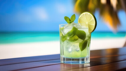 Glass of mojito cocktail on beach bar counter, blue sky, white oceanic sand, light blurred background, selective focus, copy space