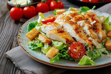 Photo caesar salad with chicken fillet tomatoes