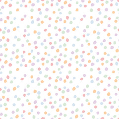 Seamless vector pattern with colorful dots. Abstract confetti texture. Cute hand drawn childish background for wrapping paper, textile, print, fabric, wallpaper, card, gift, apparel, packaging.