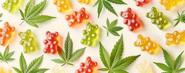 Deurstickers Background of Gummy Bears and Cannabis. A patterned background featuring gummy bears and cannabis leaves. © AI Visual Vault